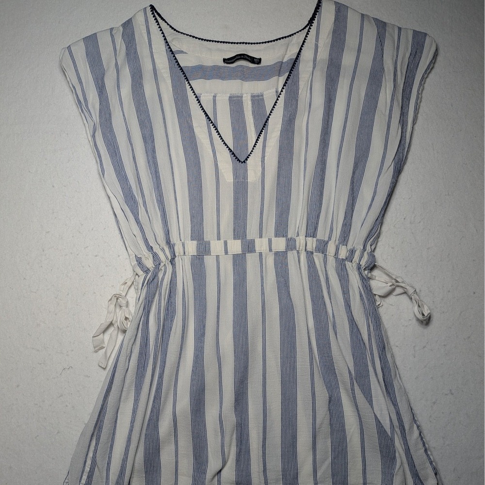Abercrombie & Fitch Women M/L White Blue Cotton Stripe Drawstring Beach Cover Up